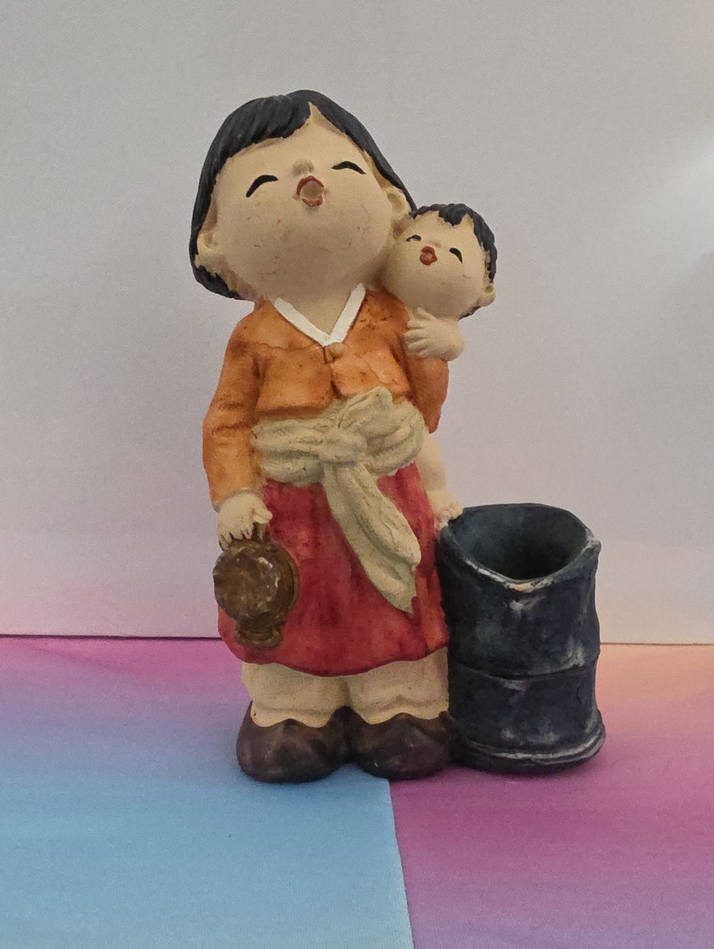Vintage Koreart Figurine – Mother with Baby on Back & Bucket